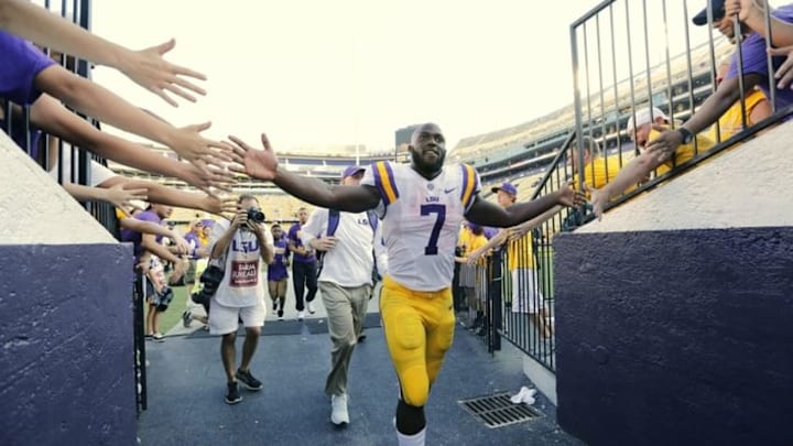 Sep 19, 2015; Baton Rouge, LA, USA; Louisiana State Tigers running back Leonard Fournette (7) leaves the field after scoring three touchdowns against the Auburn Tigers at Tiger Stadium. LSU won 45-21. Mandatory Credit: Erich Schlegel-USA TODAY Sports