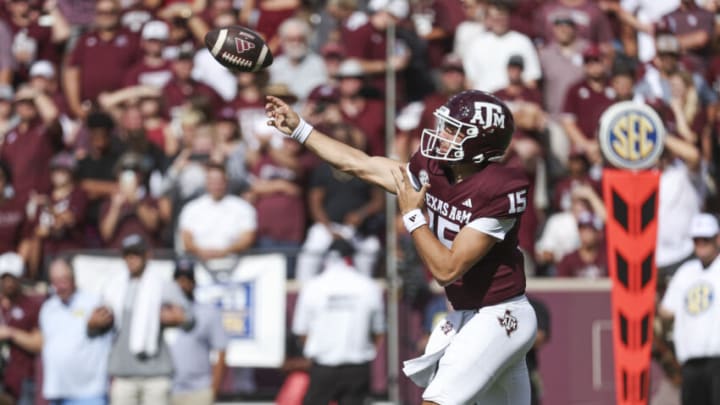 Sep 16, 2023; College Station, Texas, USA; Texas A&M Aggies quarterback Conner Weigman (15) attempts a pass during the first quarter against the Louisiana Monroe Warhawks at Kyle Field. Mandatory Credit: Troy Taormina-USA TODAY Sports