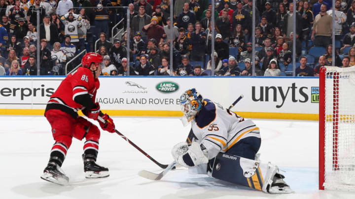 BUFFALO, NY - FEBRUARY 7: Teuvo Teravainen #86 of the Carolina Hurricanes scores the game-winning goal during an NHL game against the Buffalo Sabres on February 7, 2019 at KeyBank Center in Buffalo, New York. Carolina won, 6-5 in overtime. (Photo by Bill Wippert/NHLI via Getty Images)