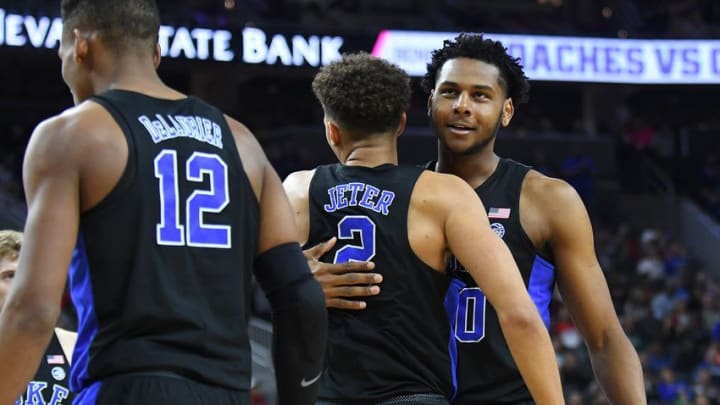 Dec 10, 2016; Las Vegas, NV, USA; Duke Blue Devils center Marques Bolden (20) congratulates center Chase Jeter (2) near the end of a game against the UNLV Runnin