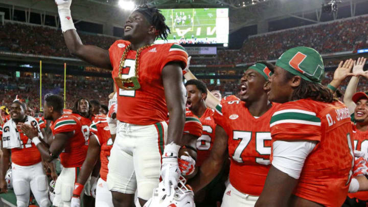 Miami Hurricanes defensive back Trajan Bandy (2) wears the turnover chain after an interception in the second quarter against the Notre Dame Fighting Irish on Saturday, Nov. 11, 2017 at Hard Rock Stadium in Miami Gardens, Fla. (Al Diaz/Miami Herald/TNS via Getty Images)