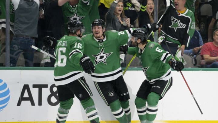 May 15, 2023; Dallas, Texas, USA; Dallas Stars center Roope Hintz (24) and center Joe Pavelski (16) and defenseman Colin Miller (6) celebrates after Hintz scores a goal on a breakaway shot against Seattle Kraken goaltender Philipp Grubauer (not pictured) during the second period in game seven of the second round of the 2023 Stanley Cup Playoffs at the American Airlines Center. Mandatory Credit: Jerome Miron-USA TODAY Sports