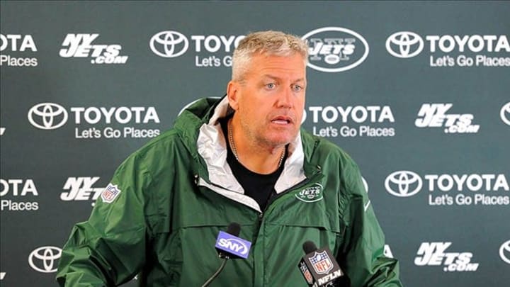 Jul 28, 2013; Cortland, NY, USA; New York Jets head coach Rex Ryan speaks with the media following the suspended training camp practice at SUNY Cortland. Mandatory Credit: Rich Barnes-USA TODAY Sports