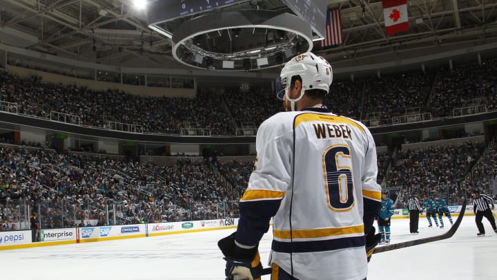 SAN JOSE, CA – MAY 1: Shea Weber #6 of the Nashville Predators looks on during the game against the San Jose Sharks in Game Two of the Western Conference Semifinals during the 2016 NHL Stanley Cup Playoffs at SAP Center on May 1, 2016 in San Jose, California. (Photo by Rocky W. Widner/NHL/Getty Images)