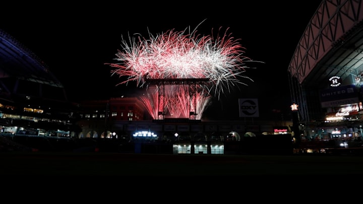 HOUSTON, TX - MAY 18: A general view of the fireworks show after the game between the Houston Astros and the Cleveland Indians at Minute Maid Park on May 18, 2018 in Houston, Texas. (Photo by Tim Warner/Getty Images)