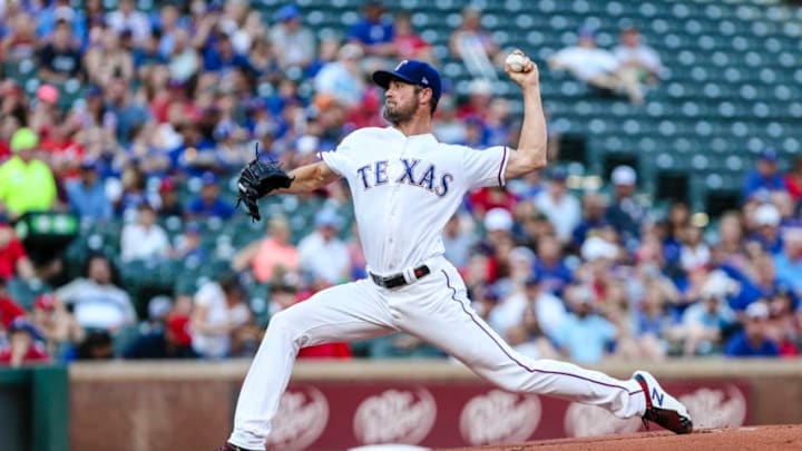 ARLINGTON, TX - JUNE 25: Texas Rangers starting pitcher Cole Hamels (35) pitches in the first inning during the game between the Texas Rangers and the San Diego Padres on June 25, 2018 at Globe Life Park in Arlington, Texas. The Rangers defeat the Padres 7-4. (Photo by Matthew Pearce/Icon Sportswire via Getty Images)