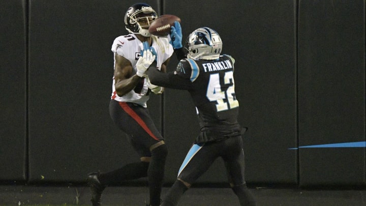 CHARLOTTE, NORTH CAROLINA – OCTOBER 29: Sam Franklin #42 of the Carolina Panthers breaks up a pass intended for Julio Jones #11 of the Atlanta Falcons during the second quarter at Bank of America Stadium on October 29, 2020 in Charlotte, North Carolina. (Photo by Grant Halverson/Getty Images)