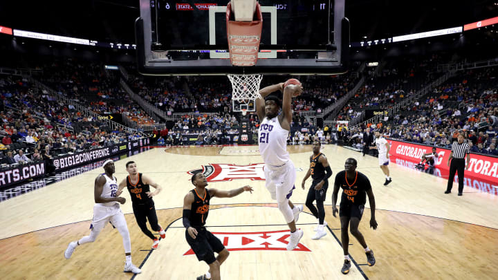 KANSAS CITY, MISSOURI – MARCH 13: Kevin Samuel #21 of the TCU Horned Frogs goes up for a dunk during the first round game of the Big 12 Basketball Tournament against the Oklahoma State Cowboys at the Sprint Center on March 13, 2019 in Kansas City, Missouri. (Photo by Jamie Squire/Getty Images)