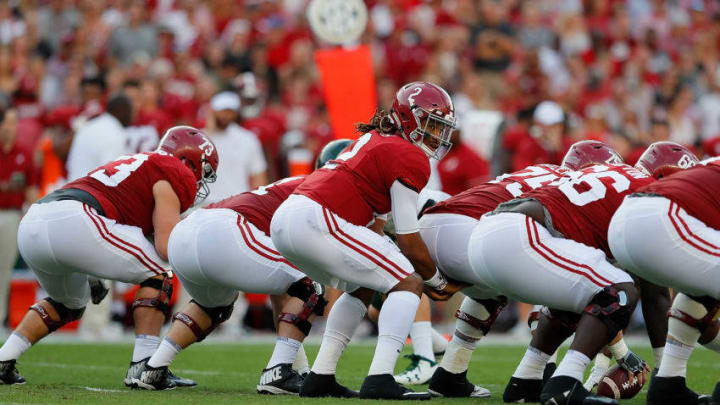 TUSCALOOSA, AL - SEPTEMBER 16: Jalen Hurts No.2 of the Alabama Crimson Tide runs the offense against the Colorado State Rams at Bryant-Denny Stadium on September 16, 2017 in Tuscaloosa, Alabama. (Photo by Kevin C. Cox/Getty Images)