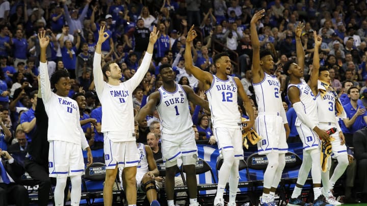 COLUMBIA, SOUTH CAROLINA – MARCH 22: The Duke Blue Devils bench celebrates their teams lead against the North Dakota State Bison in the second half during the first round of the 2019 NCAA Men’s Basketball Tournament at Colonial Life Arena on March 22, 2019 in Columbia, South Carolina. (Photo by Kevin C. Cox/Getty Images)