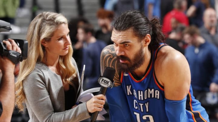 DALLAS, TX - FEBRUARY 28: Steven Adams #12 of the OKC Thunder talks with the media after the game against the Dallas Mavericks on February 28, 2018 at the American Airlines Center in Dallas, Texas. Copyright 2018 NBAE (Photo by Danny Bollinger/NBAE via Getty Images)
