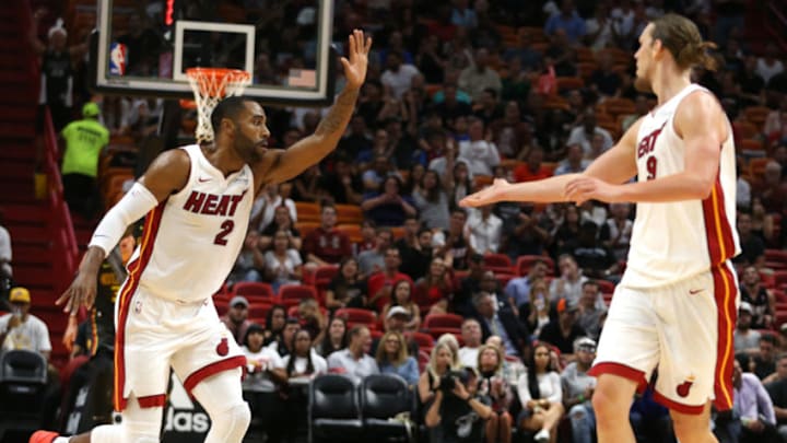 Miami Heat's Wayne Ellington (2) slaps five with Kelly Olynyk (9) after an Ellington three-pointer as they play the Atlanta Hawks at the AmericanAirline Arena Monday, Oct. 23, 2017 in Miami. The Heat won, 104-93. (Charles Trainor Jr./Miami Herald/TNS via Getty Images)