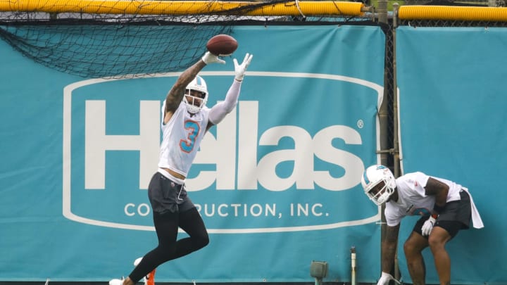 Jun 16, 2021; Miami Gardens, FL, USA; Miami Dolphins wide receiver Will Fuller (3) makes a catch during minicamp at Baptist Health Training Facility. Mandatory Credit: Sam Navarro-USA TODAY Sports