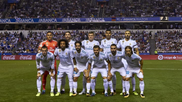 LA CORUNA, SPAIN - AUGUST 20: Real Madrid line up prior to the La Liga match between Deportivo La Coruna and Real Madrid at Riazor Stadium on August 20, 2017 in La Coruna, Spain. (Photo by fotopress/Getty Images)