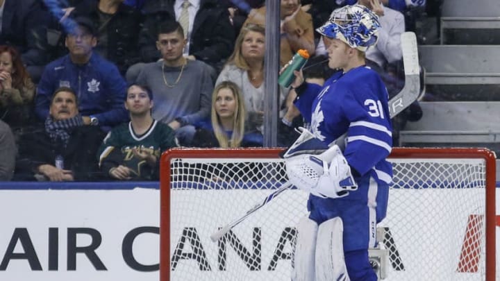 TORONTO, ON - MARCH 14: Toronto Maple Leafs goaltender Frederik Andersen (31) after giving up the 1st goal. Toronto Maple Leafs VS Dallas Stars during 1st period action in NHL regular season play at the Air Canada Centre. Toronto Star/Rick Madonik (Rick Madonik/Toronto Star via Getty Images)