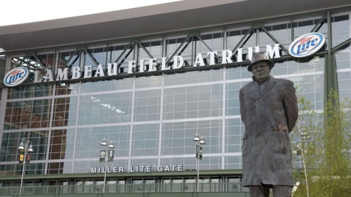 Aug 22, 2014; Green Bay, WI, USA; General view of statue of Green Bay Packers former coach Vince Lombardi before the game against the Oakland Raiders at Lambeau Field. Mandatory Credit: Kirby Lee-USA TODAY Sports