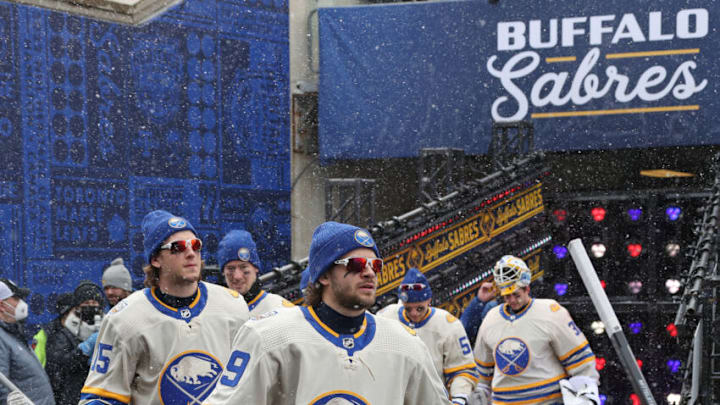 HAMILTON, ON - MARCH 13: The Buffalo Sabres hit the ice prior to action against the Toronto Maple Leafs during play in the 2022 Tim Hortons NHL Heritage Classic at Tim Hortons Field on March 13, 2022 in Hamilton, Ontario, Canada. The Sabres defeated the Maple Leafs 5-2. (Photo by Claus Andersen/Getty Images)