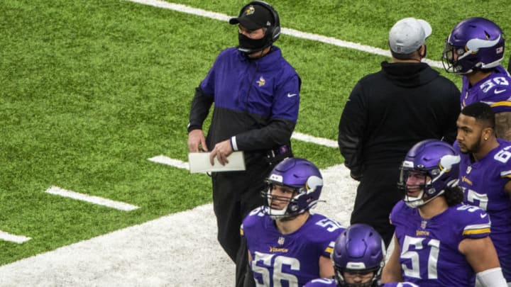 MINNEAPOLIS, MN - DECEMBER 6: Minnesota Vikings head coach Mike Zimmer looks on from the sidelines in the fourth quarter of the game against the Jacksonville Jaguars at U.S. Bank Stadium on December 6, 2020 in Minneapolis, Minnesota. (Photo by Stephen Maturen/Getty Images)