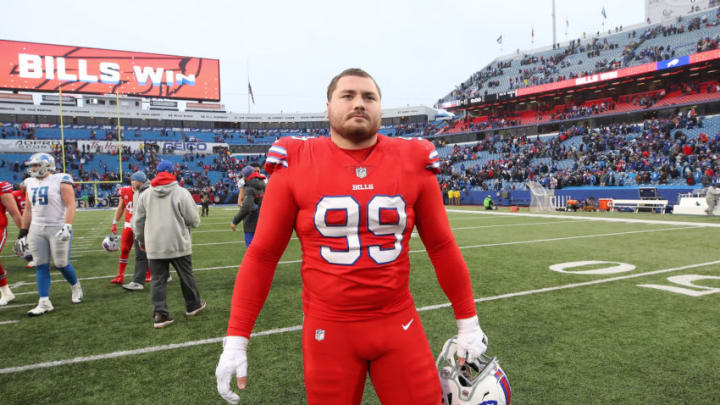 BUFFALO, NY - DECEMBER 16: Harrison Phillips #99 of the Buffalo Bills walks off the field after their victory against the Detroit Lions during NFL game action at New Era Field on December 16, 2018 in Buffalo, New York. (Photo by Tom Szczerbowski/Getty Images)