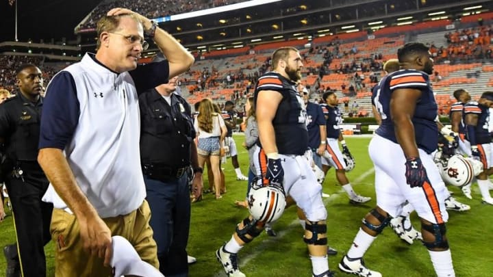 Sep 17, 2016; Auburn, AL, USA; Auburn Tigers head coach Gus Malzahn walks off the field with his team after the game against the Texas A&M Aggies at Jordan Hare Stadium. Texas A&M defeated Auburn 29-16. Mandatory Credit: Shanna Lockwood-USA TODAY Sports