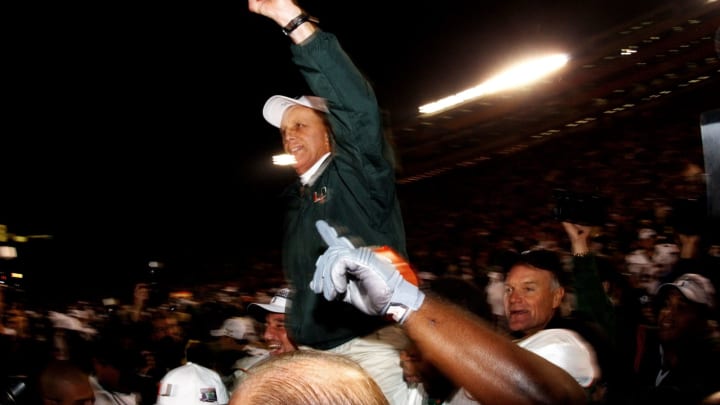 3 Jan 2002: Head coach Larry Coker of Miami celebrates on the shoulders of his players after winning the Rose Bowl National Championship game over Nebraska at the Rose Bowl in Pasadena, California. Miami won the game 37-14, winning the BCS and the National Championship title. DIGITAL IMAGE. Mandatory Credit: Harry How/Getty Images