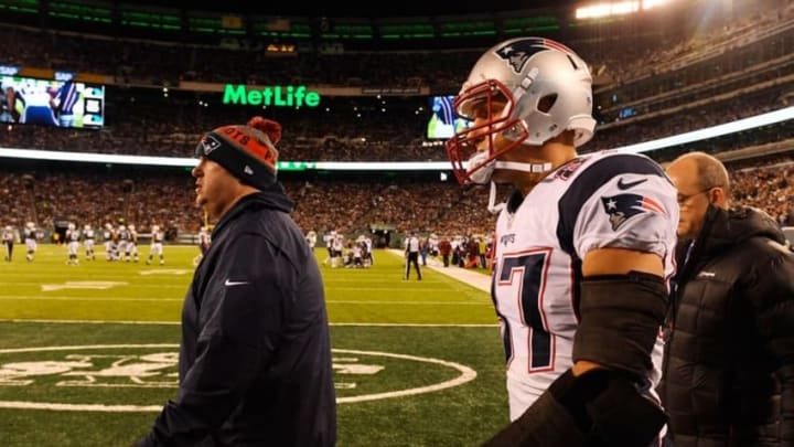 Nov 27, 2016; East Rutherford, NJ, USA; New England Patriots tight end Rob Gronkowski (87) leaves the game for during the first against the New York Jets at MetLife Stadium. Mandatory Credit: Robert Deutsch-USA TODAY Sports
