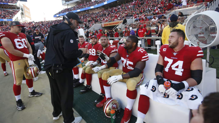San Francisco 49ers offensive line (Photo by Michael Zagaris/San Francisco 49ers/Getty Images)