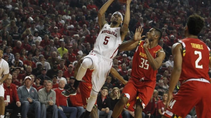 Mar 8, 2015; Lincoln, NE, USA; Nebraska Cornhuskers guard Terran Petteway (5) drives past Maryland Terrapins forward Damonte Dodd (35) in the first half at Pinnacle Bank Arena. Maryland won 64-61. Mandatory Credit: Bruce Thorson-USA TODAY Sports