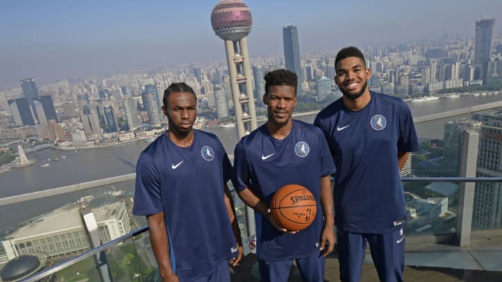 SHANGHAI, CHINA - OCTOBER 07: Andrew Wiggins #22, Jimmy Butler #23 and Karl-Anthony Towns #32 of the Minnesota Timberwolves pose for a photo during the team photo as part of 2017 NBA Global Games China on October 7, 2017 at the Ritz Carlton in Shanghai, China. NOTE TO USER: User expressly acknowledges and agrees that, by downloading and/or using this Photograph, user is consenting to the terms and conditions of the Getty Images License Agreement. Mandatory Copyright Notice: Copyright 2017 NBAE (Photo by David Dow/NBAE via Getty Images)