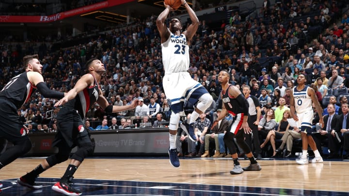 MINNEAPOLIS, MN – DECEMBER 18: Jimmy Butler #23 of the Minnesota Timberwolves shoots the ball against the Portland Trail Blazers on December 18, 2017 at Target Center in Minneapolis, Minnesota. NOTE TO USER: User expressly acknowledges and agrees that, by downloading and or using this Photograph, user is consenting to the terms and conditions of the Getty Images License Agreement. Mandatory Copyright Notice: Copyright 2017 NBAE (Photo by David Sherman/NBAE via Getty Images)