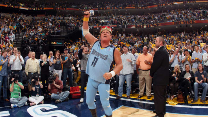 MEMPHIS, TN - APRIL 25: Professional wrestler Jerry 'The King' Lawler addresses the crowd in Game Three of the Western Conference Quarterfinals between the Los Angeles Clippers and Memphis Grizzlies during the 2013 NBA Playoffs on April 25, 2013 at FedExForum in Memphis, Tennessee. NOTE TO USER: User expressly acknowledges and agrees that, by downloading and or using this photograph, User is consenting to the terms and conditions of the Getty Images License Agreement. Mandatory Copyright Notice: Copyright 2013 NBAE (Photo by Joe Murphy/NBAE via Getty Images)