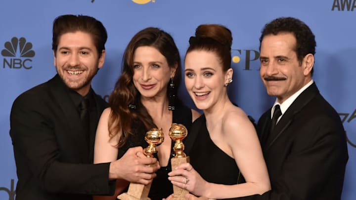 BEVERLY HILLS, CA - JANUARY 07: Michael Zegen, Marin Hinkle, Rachel Brosnahan and Tony Shalhoub attend the 75th Annual Golden Globe Awards - Press Room at The Beverly Hilton Hotel on January 7, 2018 in Beverly Hills, California. (Photo by David Crotty/Patrick McMullan via Getty Images)