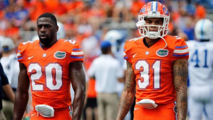 Florida Gators defensive backs Marcus Maye (20) and defensive back Jalen Tabor (31). Mandatory Credit: Kim Klement-USA TODAY Sports