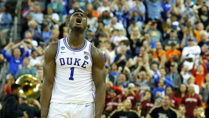 COLUMBIA, SOUTH CAROLINA - MARCH 24: Zion Williamson #1 of the Duke Blue Devils celebrates with his teammates after defeating the UCF Knights in the second round game of the 2019 NCAA Men's Basketball Tournament at Colonial Life Arena on March 24, 2019 in Columbia, South Carolina. (Photo by Kevin C. Cox/Getty Images)