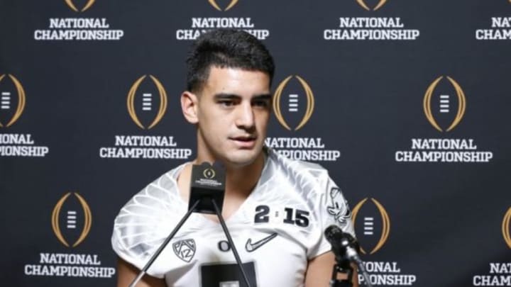 Jan 10, 2015; Arlington, TX, USA; Oregon Ducks quarterback Marcus Mariota (8) answers questions during Media day for the Oregon Ducks at Dallas Convention Center. Mandatory Credit: Matthew Emmons-USA TODAY Sports