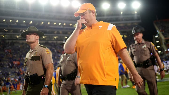 Tennessee Head Coach Josh Heupel walks off the field after losing to Florida 38-14 at Ben Hill Griffin Stadium in Gainesville, Fla. on Saturday, Sept. 25, 2021.Kns Tennessee Florida Football