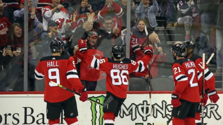 NEWARK, NEW JERSEY - OCTOBER 25: Jack Hughes #86 of the New Jersey Devils celebrates his power-play goal at 18:26 of the first period against the Arizona Coyotes at the Prudential Center on October 25, 2019 in Newark, New Jersey. (Photo by Bruce Bennett/Getty Images)
