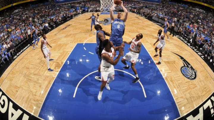 ORLANDO, FL - FEBRUARY 22: Mario Hezonja #8 of the Orlando Magic shoots the ball against the New York Knicks on February 22, 2018 at Amway Center in Orlando, Florida. NOTE TO USER: User expressly acknowledges and agrees that, by downloading and or using this photograph, User is consenting to the terms and conditions of the Getty Images License Agreement. Mandatory Copyright Notice: Copyright 2018 NBAE (Photo by Fernando Medina/NBAE via Getty Images)
