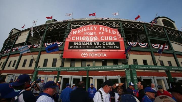 Oct 28, 2016; Chicago, IL, USA; General view of the outside of Wrigley Field before game three of the 2016 World Series between the Chicago Cubs and the Cleveland Indians. Mandatory Credit: Jerry Lai-USA TODAY Sports