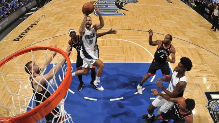 ORLANDO, FL - APRIL 21: Evan Fournier #10 of the Orlando Magic shoots the ball against the Toronto Raptors during Game Four of Round One of the 2019 NBA Playoffs on April 21, 2019 at Amway Center in Orlando, Florida. NOTE TO USER: User expressly acknowledges and agrees that, by downloading and or using this photograph, User is consenting to the terms and conditions of the Getty Images License Agreement. Mandatory Copyright Notice: Copyright 2019 NBAE (Photo by Fernando Medina/NBAE via Getty Images)