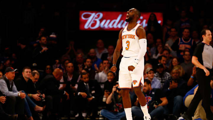 NEW YORK, NY - OCTOBER 17: Tim Hardaway Jr. #3 of the New York Knicks reacts after dunking the ball against the Atlanta Hawks at Madison Square Garden on October 17, 2018 in New York City. (Photo by Mike Stobe/Getty Images)