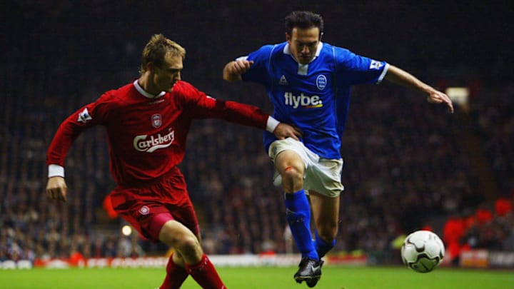 LIVERPOOL - NOVEMBER 30: Stan Lazaridis of Birmingham City shields the ball from Sami Hyypia of Liverpool during the FA Barclaycard Premiership match between Liverpool and Birmingham City on Novermber 30, 2003 at Anfield in Liverpool, England. Liverpool won the match 3-1. (Photo by Gary M. Prior/Getty Images)