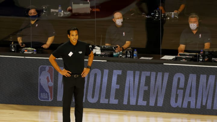 Head coach Erik Spoelstra of the Miami Heat looks on against the Denver Nuggets (Photo by Kevin C. Cox/Getty Images)