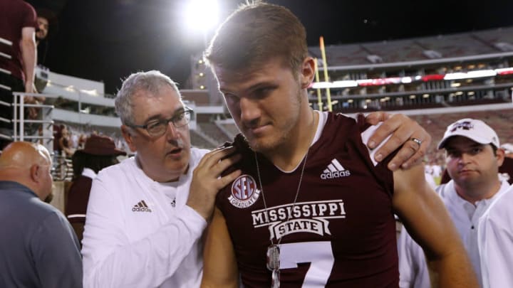 STARKVILLE, MS - SEPTEMBER 01: Head coach Joe Moorhead of the Mississippi State Bulldogs and Nick Fitzgerald #7 react after a game against the Stephen F. Austin Lumberjacks at Davis Wade Stadium on September 1, 2018 in Starkville, Mississippi. (Photo by Jonathan Bachman/Getty Images)