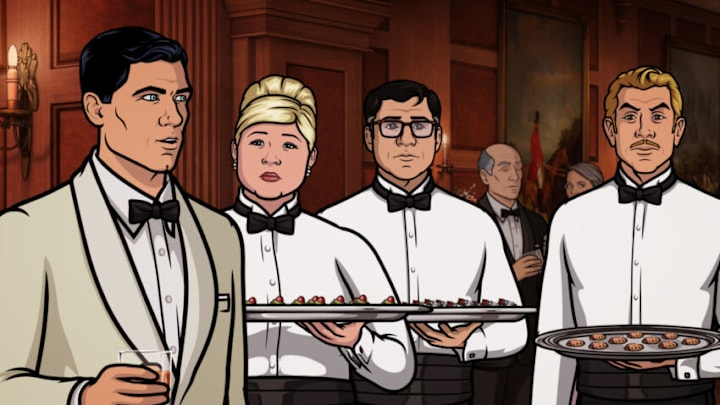 ARCHER -- " Bel Panto: Part I "-- Episode 705 (Airs Thursday, April 28, 10:00pm e/p) Pictured: (l-r) Sterling Archer (voice of H. Jon Benjamin), Pam Poovey (voice of Amber Nash), Cyril Figgis (voice of Chris Parnell), Ray Gillette (voice of Adam Reed). CR: FX