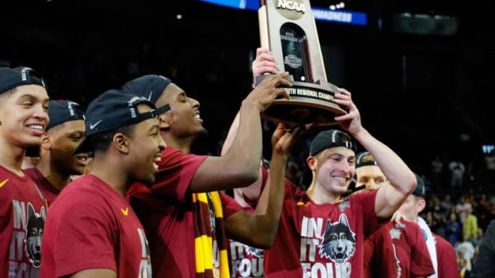 ATLANTA, GA - MARCH 24: The Loyola Ramblers celebrate after defeating the Kansas State Wildcats during the 2018 NCAA Men's Basketball Tournament South Regional at Philips Arena on March 24, 2018 in Atlanta, Georgia. Loyola defeated Kansas State 78-62 to advance to the Final Four. (Photo by Kevin C. Cox/Getty Images)