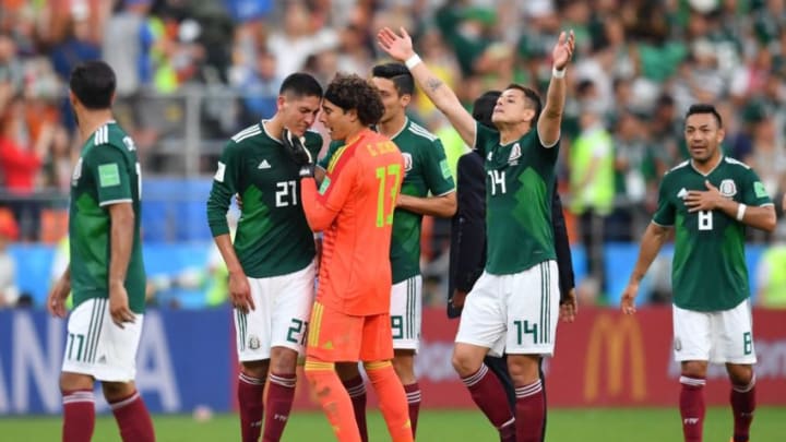 Mexico's forward Javier Hernandez (2R) reacts after the Russia 2018 World Cup Group F football match between Mexico and Sweden at the Ekaterinburg Arena in Ekaterinburg on June 27, 2018. (Photo by HECTOR RETAMAL / AFP) / RESTRICTED TO EDITORIAL USE - NO MOBILE PUSH ALERTS/DOWNLOADS (Photo credit should read HECTOR RETAMAL/AFP/Getty Images)