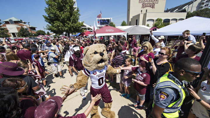 STARKVILLE, MS – SEPTEMBER 19: Bully, the mascot of the Mississippi State Bulldogs, greets fans during the walk into the stadium before a game against the Northwestern State Demons at Davis Wade Stadium on September 19, 2015 in Starkville, Mississippi. (Photo by Wesley Hitt/Getty Images)