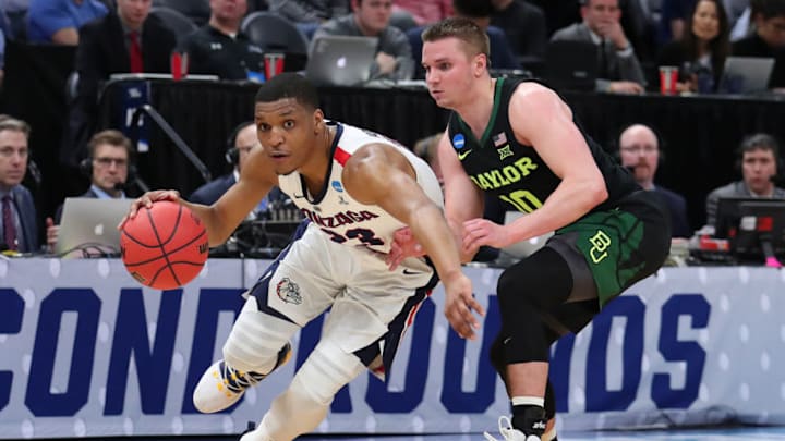 SALT LAKE CITY, UTAH - MARCH 23: Zach Norvell Jr. #23 of the Gonzaga Bulldogs drives with the ball against Makai Mason #10 of the Baylor Bears during their game in the Second Round of the NCAA Basketball Tournament at Vivint Smart Home Arena on March 23, 2019 in Salt Lake City, Utah. (Photo by Tom Pennington/Getty Images)