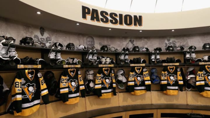 PITTSBURGH, PA - JUNE 08: Pittsburgh Penguins jerseys are seen hanging in the locker room before Game Five of the 2017 NHL Stanley Cup Final between the Nashville Predators and the Pittsburgh Penguins at PPG Paints Arena on June 8, 2017 in Pittsburgh, Pennslyvannia. (Photo by Dave Sandford/NHLI via Getty Images)
